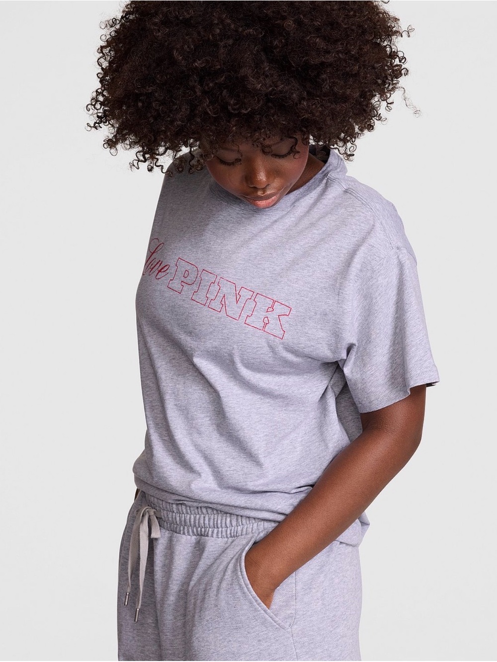 PINK Victoria’s Secret Campus Crew Short Sleeve T-shirt in Gray with Red Graphic